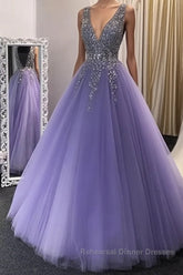 A Line V Neck Purple Beaded Long Semi Formal Prom Dresses, Lilac Long Formal Evening Dresses with Beadings